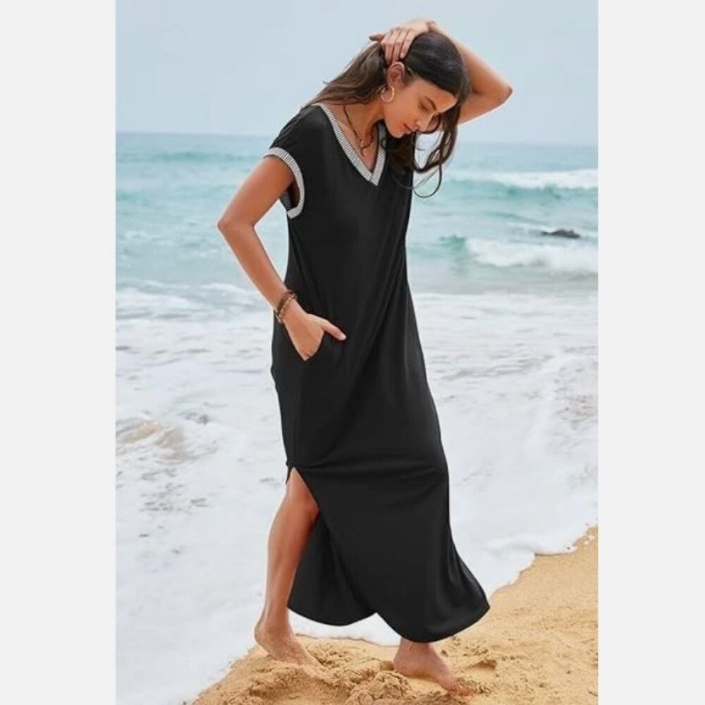 Short Sleeve V Kneck Black Maxi Dresses Sexy Slit Side Pockets Size Medium New